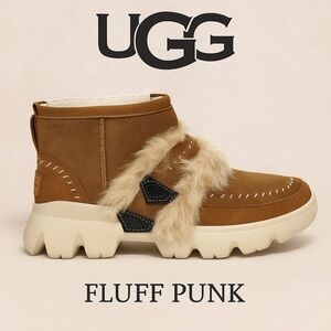 UGG Australia Fluff Punk Shearling Boots Chestnut Brown Size 6 Fuzzy Chunky